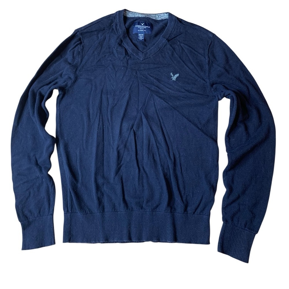 American Eagle Men’s Navy Blue V-Neck Cotton Sweater - XS